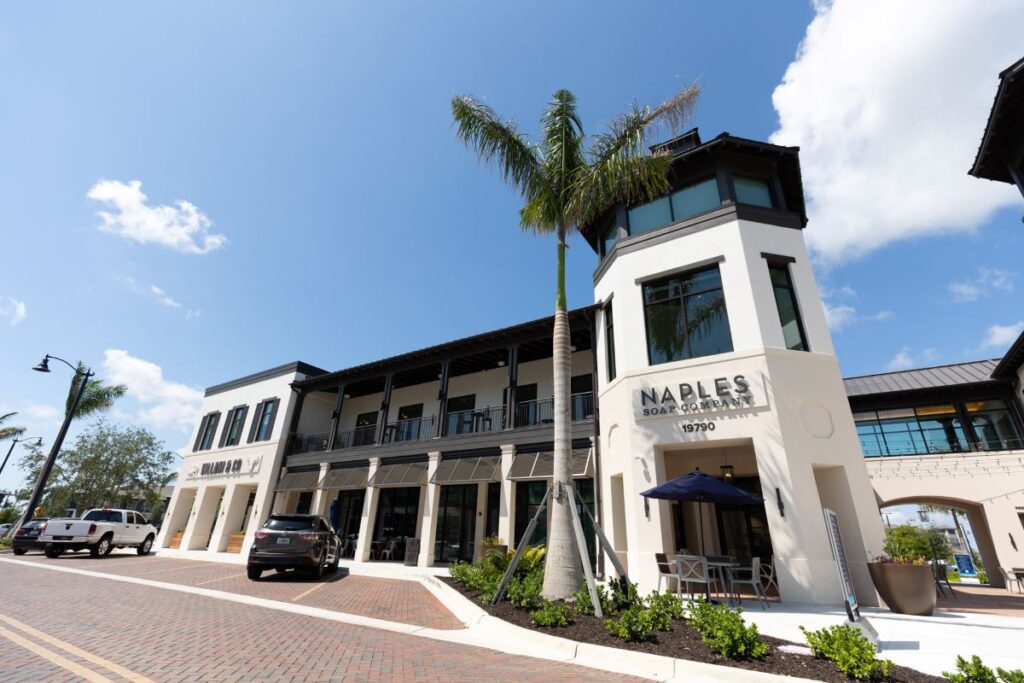 Fish-eye lens shot of the shopping center where patients find their Vein Clinic Near Me in Wellen Park